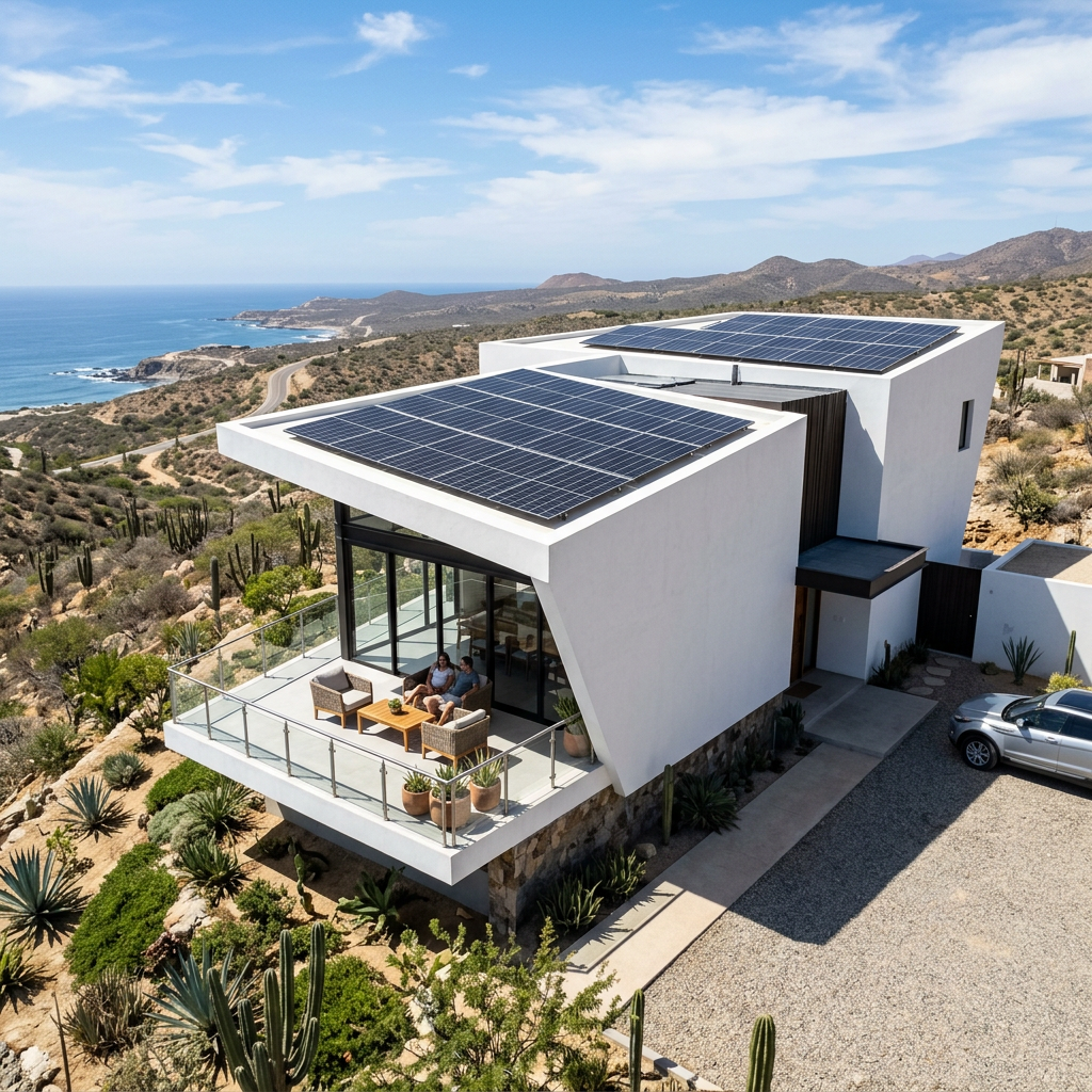 Modern white house with solar panels, ocean view, and balcony seating area