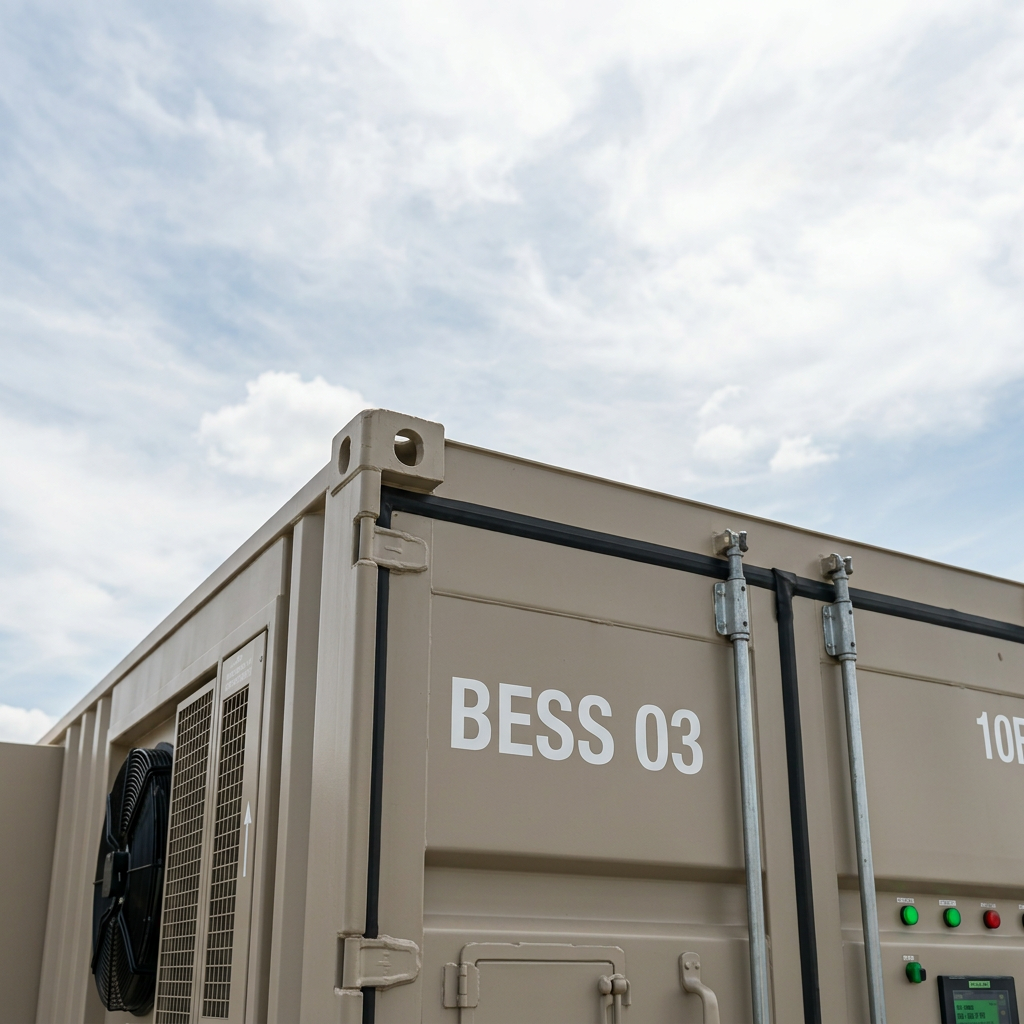 Gray modular container unit labeled BESS 03 with cooling fans, DC output cables, and control panel outdoors
